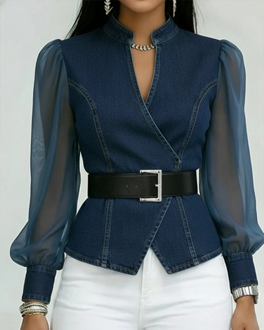 Top en jean VESSA à manches en chiffon délicates – aérien, féminin et facile à assortir