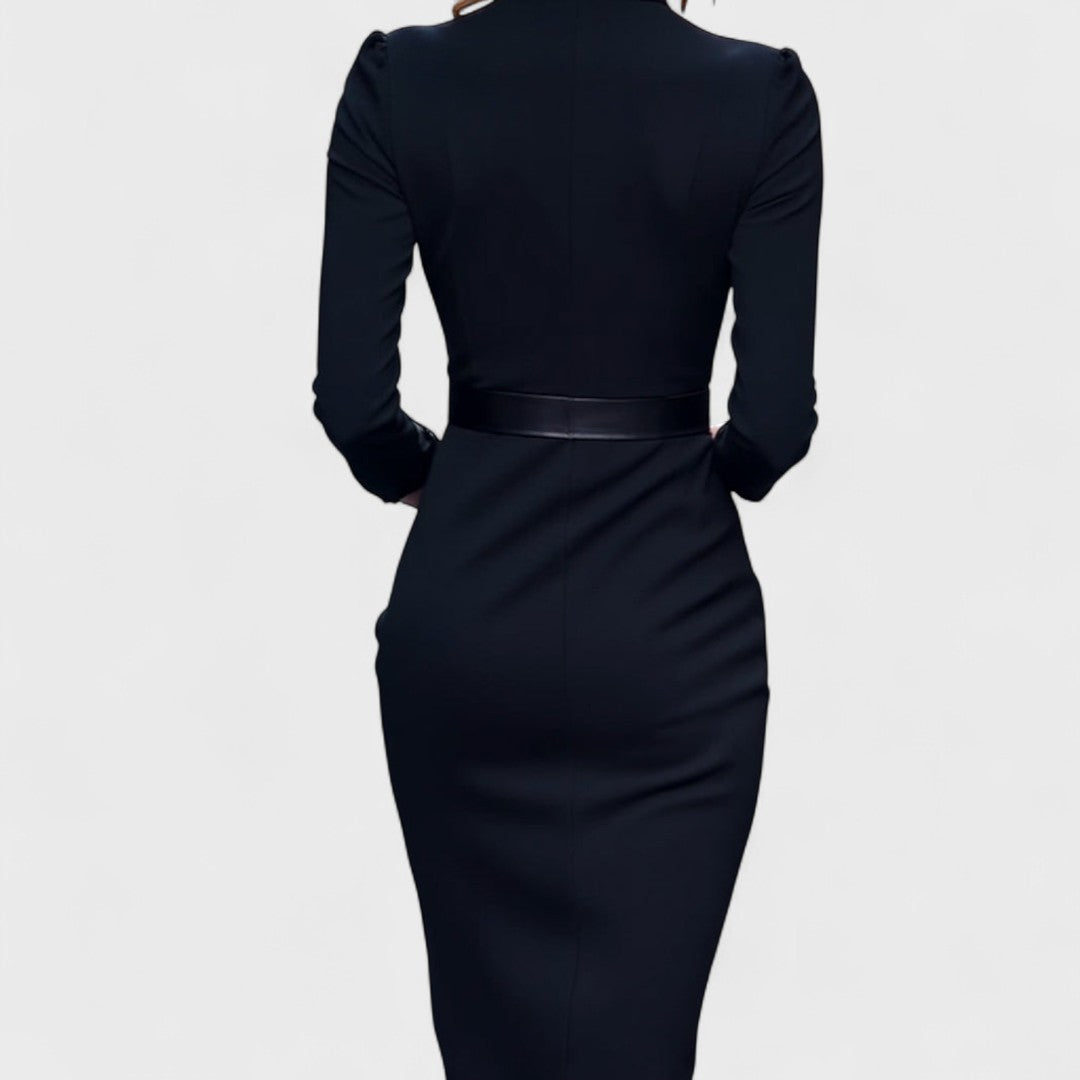 MANDARIN™ Robe noire élégante avec ceinture et col montant