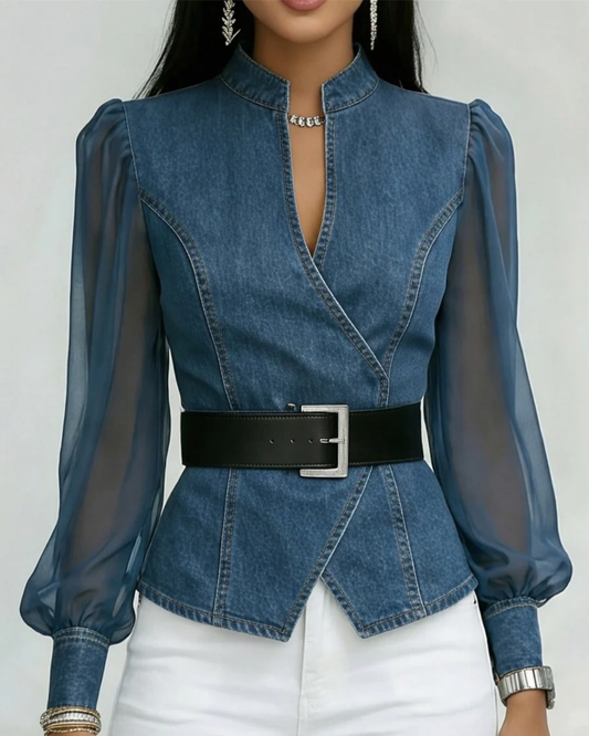 Top en jean VESSA à manches en chiffon délicates – aérien, féminin et facile à assortir