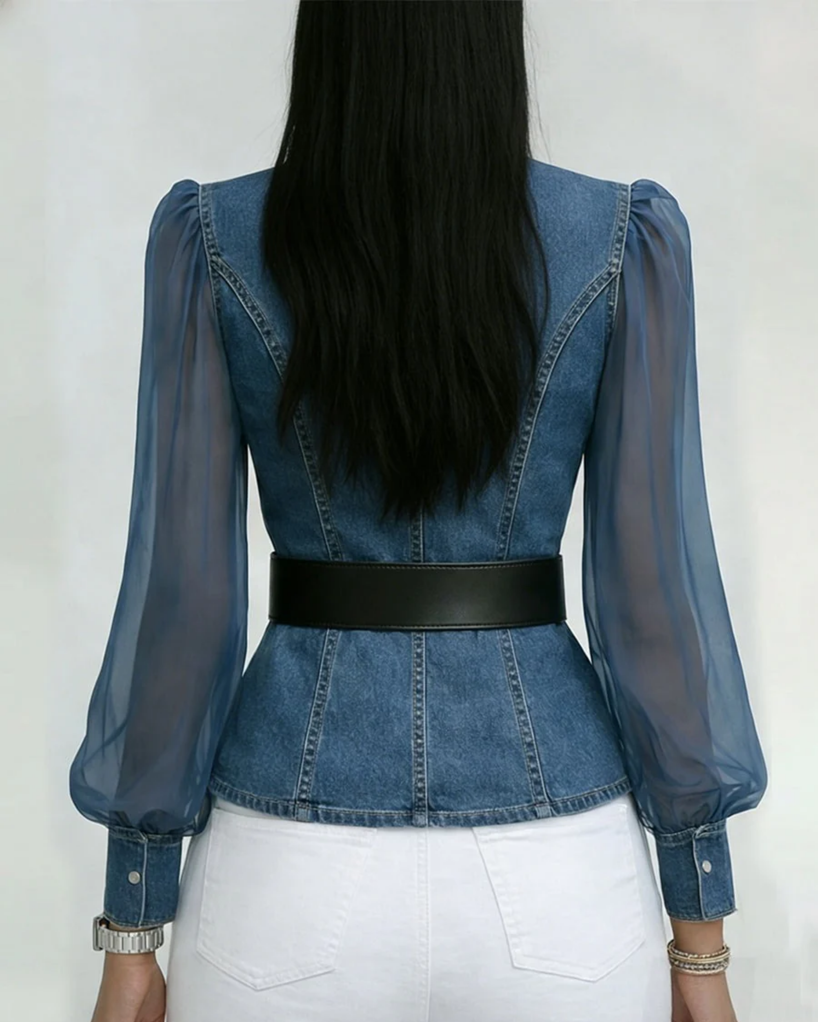 Top en jean VESSA à manches en chiffon délicates – aérien, féminin et facile à assortir